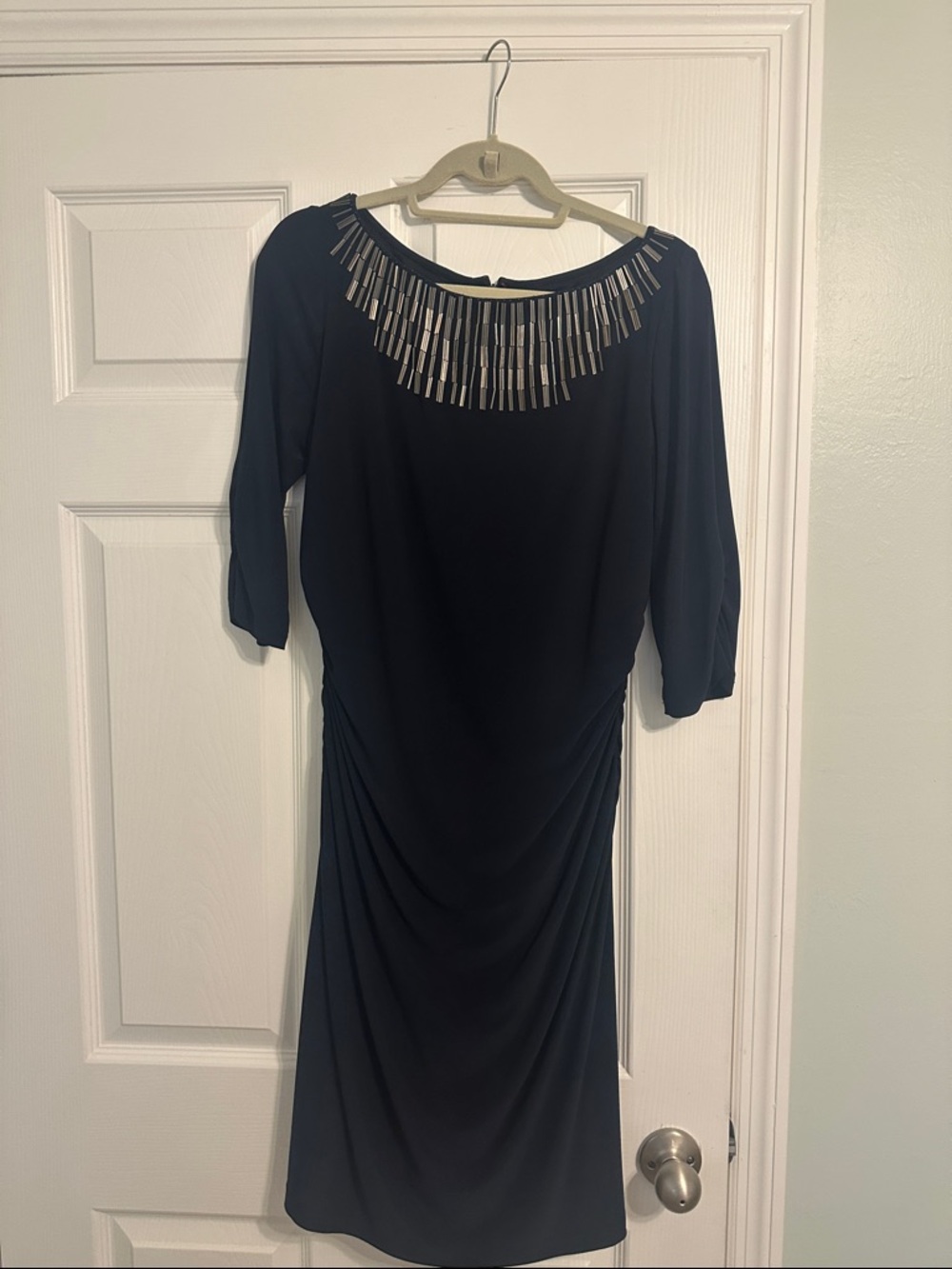 Adrianna Papell Black Midi Dress with Metallic Fringe Neckline Accent